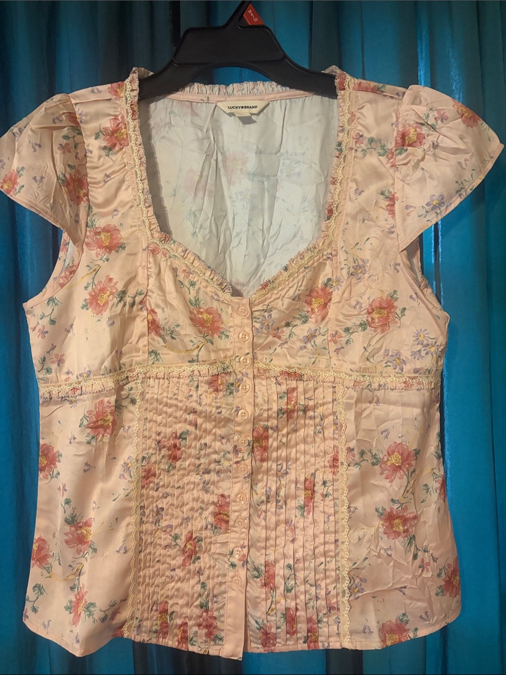Lucky Brand Peach Floral Button-Front Puff Sleeve Blouse